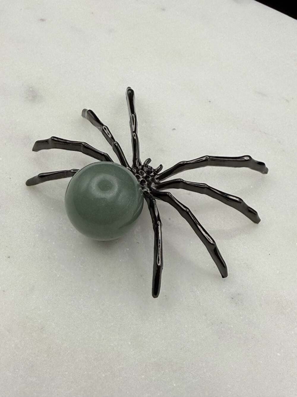 Green Aventurine Crystal Sphere Gun Metal Gray Small Spider Figurine - Picture 4 of 4